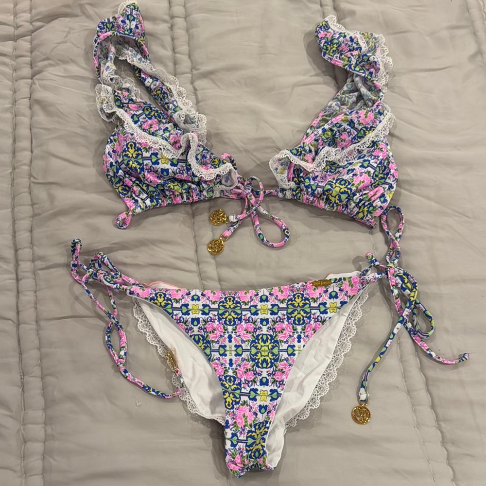 Luli Fama Pink and Blue Lace Trim Bra